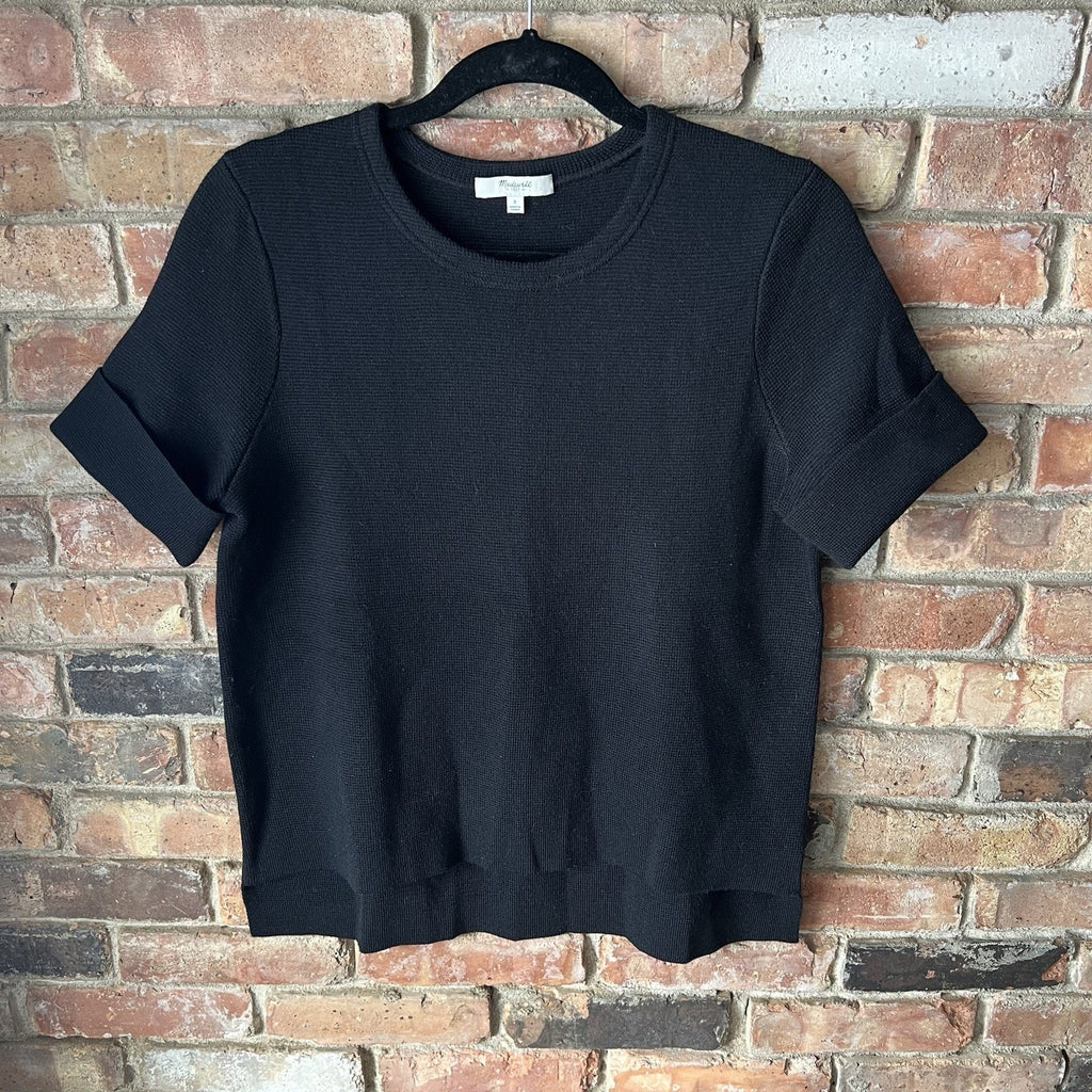 Madewell Black Wool Blend Women's S Waffle Knit Pullover Boxy Blouse Shirt