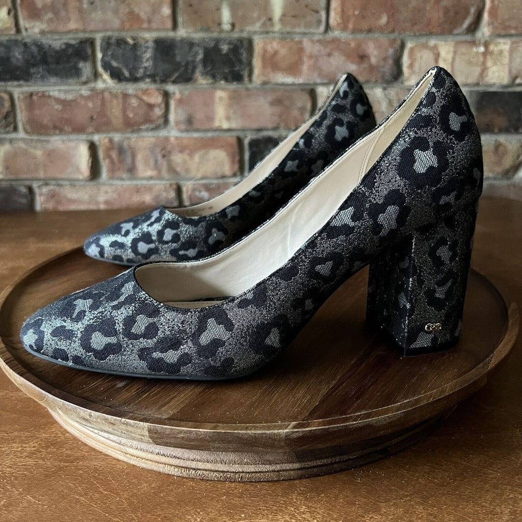 Cole Haan Alanna Brocade Pumps II Black Silver Leopard Block Heels Womens 9 B
