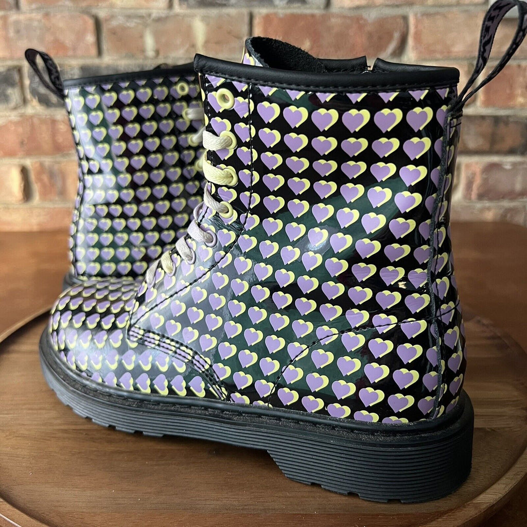 Dr. Martens 1460 Patent Leather Heart Print Boots Shoes Purple Yellow Size 6