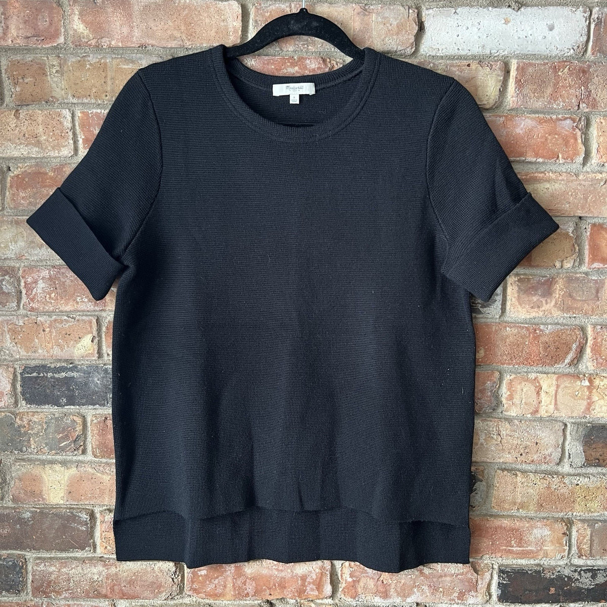 Madewell Black Wool Blend Women's S Waffle Knit Pullover Boxy Blouse Shirt