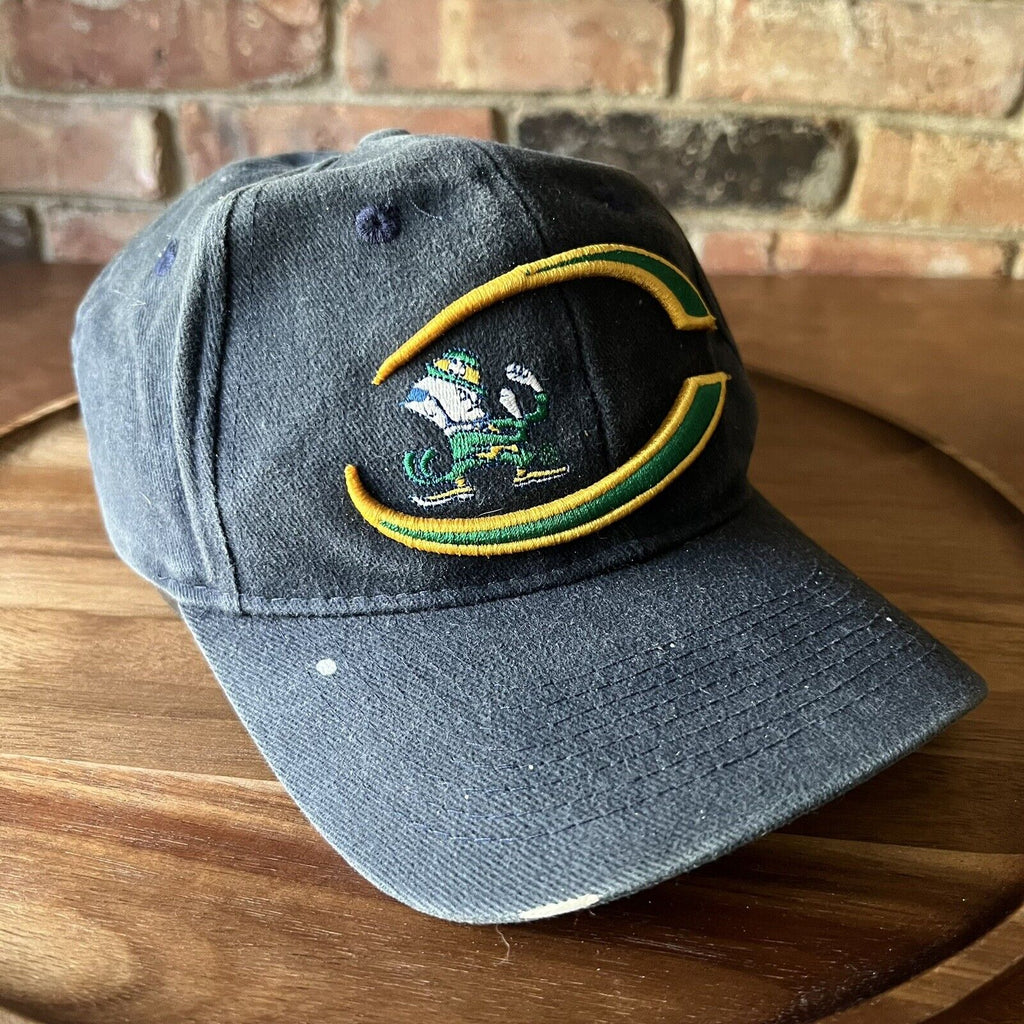 VINTAGE Thrashed Notre Dame Fighting Irish Hat Cap Strap Back Adult Blue