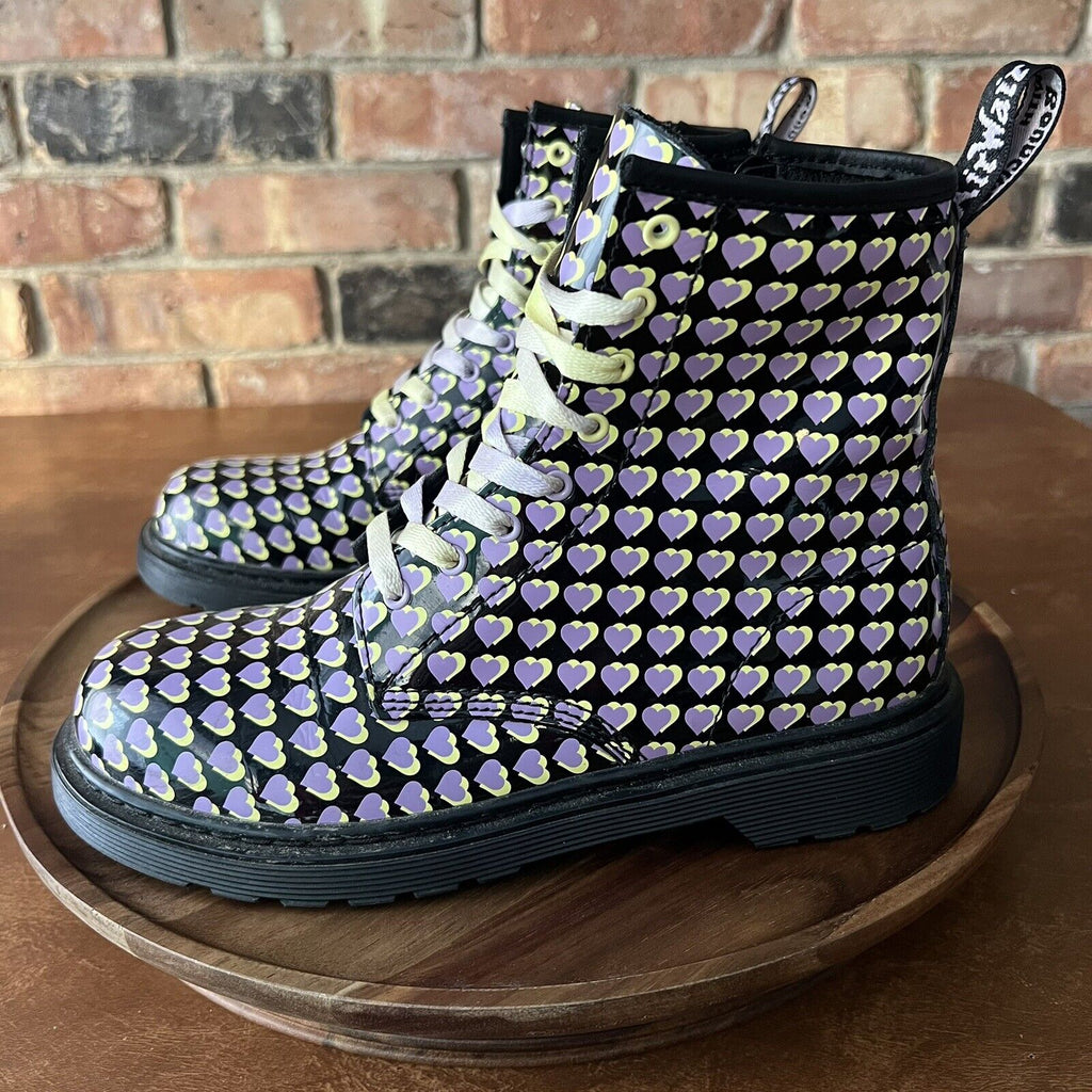 Dr. Martens 1460 Patent Leather Heart Print Boots Shoes Purple Yellow Size 6