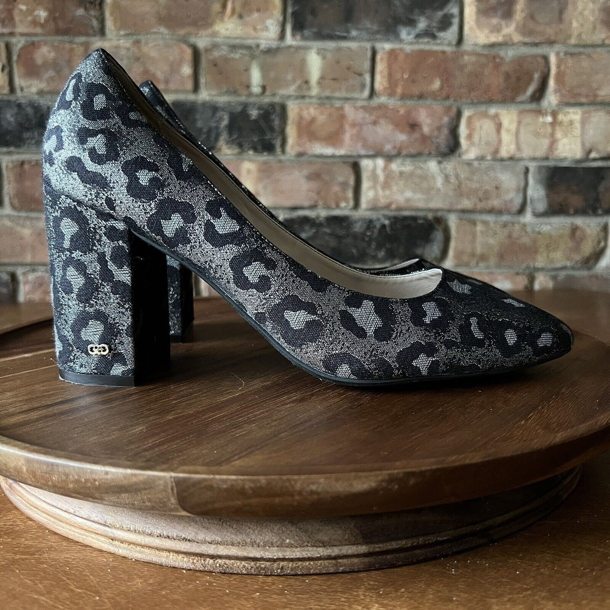 Cole Haan Alanna Brocade Pumps II Black Silver Leopard Block Heels Womens 9 B