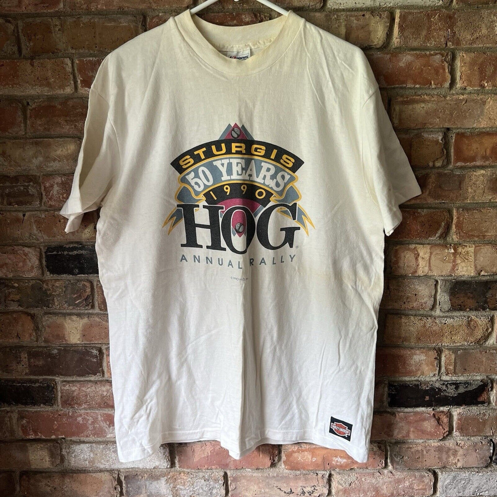 Harley Davidson Shirt Mens XL White Sturgis Annual Hog Rally 1990 Made in the US