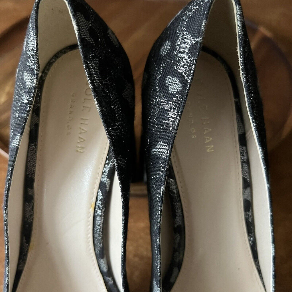 Cole Haan Alanna Brocade Pumps II Black Silver Leopard Block Heels Womens 9 B