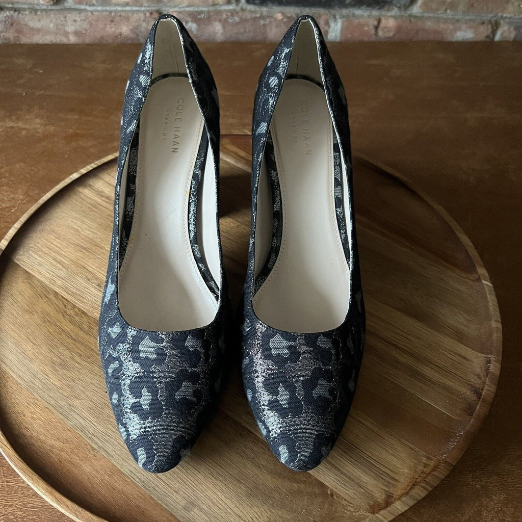 Cole Haan Alanna Brocade Pumps II Black Silver Leopard Block Heels Womens 9 B