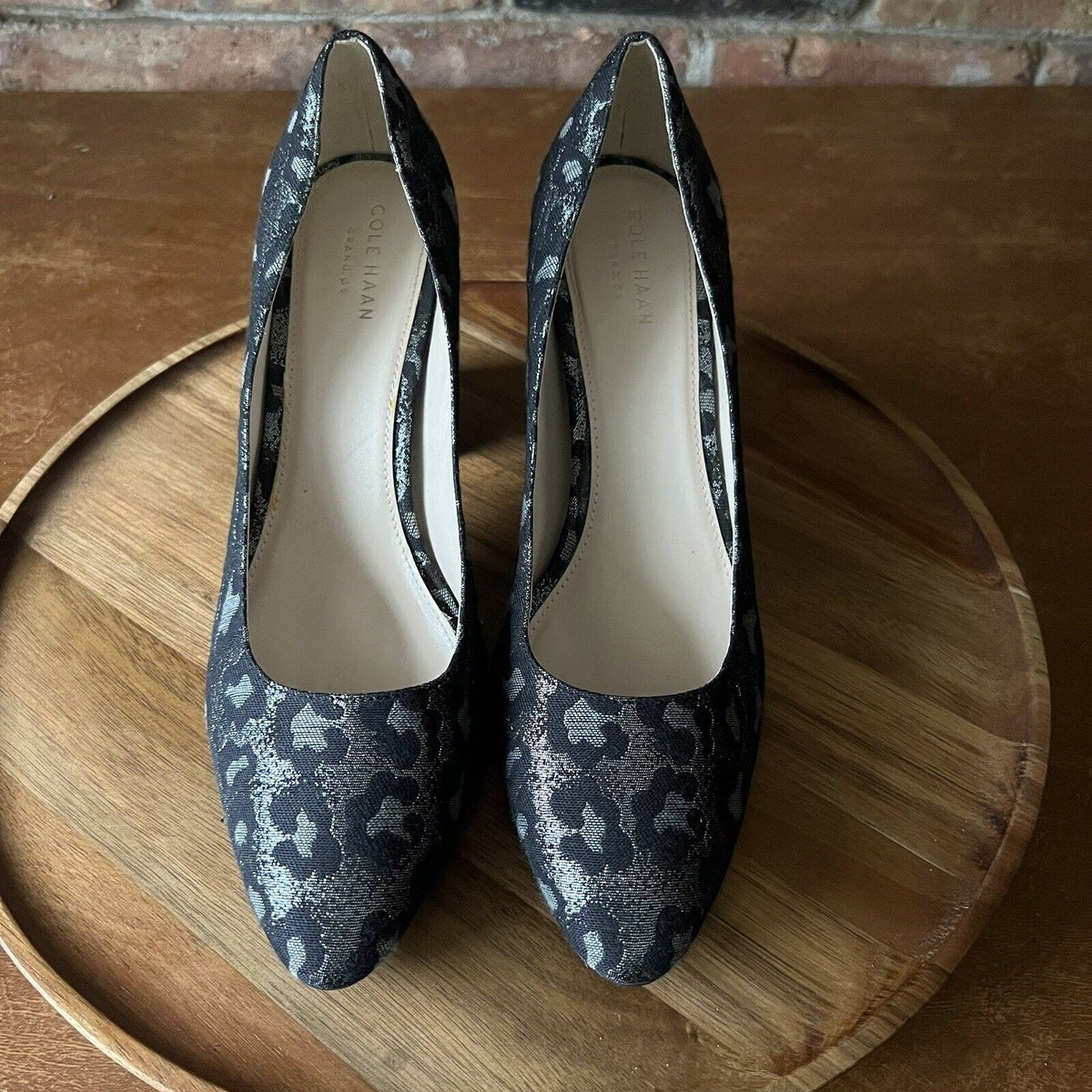 Cole Haan Alanna Brocade Pumps II Black Silver Leopard Block Heels Womens 9 B