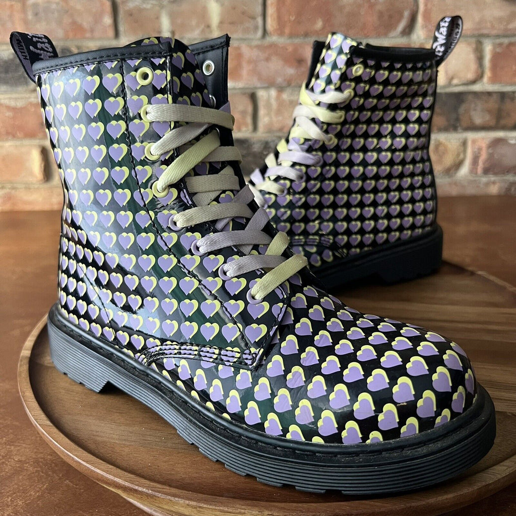 Dr. Martens 1460 Patent Leather Heart Print Boots Shoes Purple Yellow Size 6