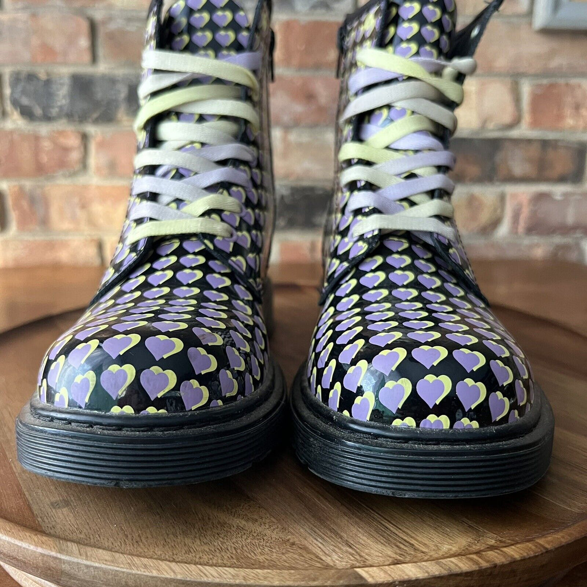 Dr. Martens 1460 Patent Leather Heart Print Boots Shoes Purple Yellow Size 6
