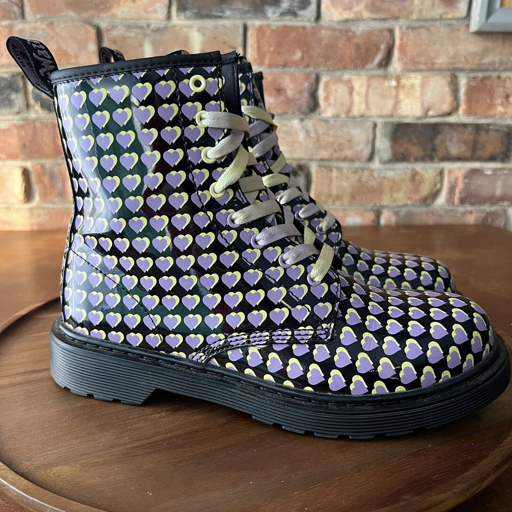 Dr. Martens 1460 Patent Leather Heart Print Boots Shoes Purple Yellow Size 6