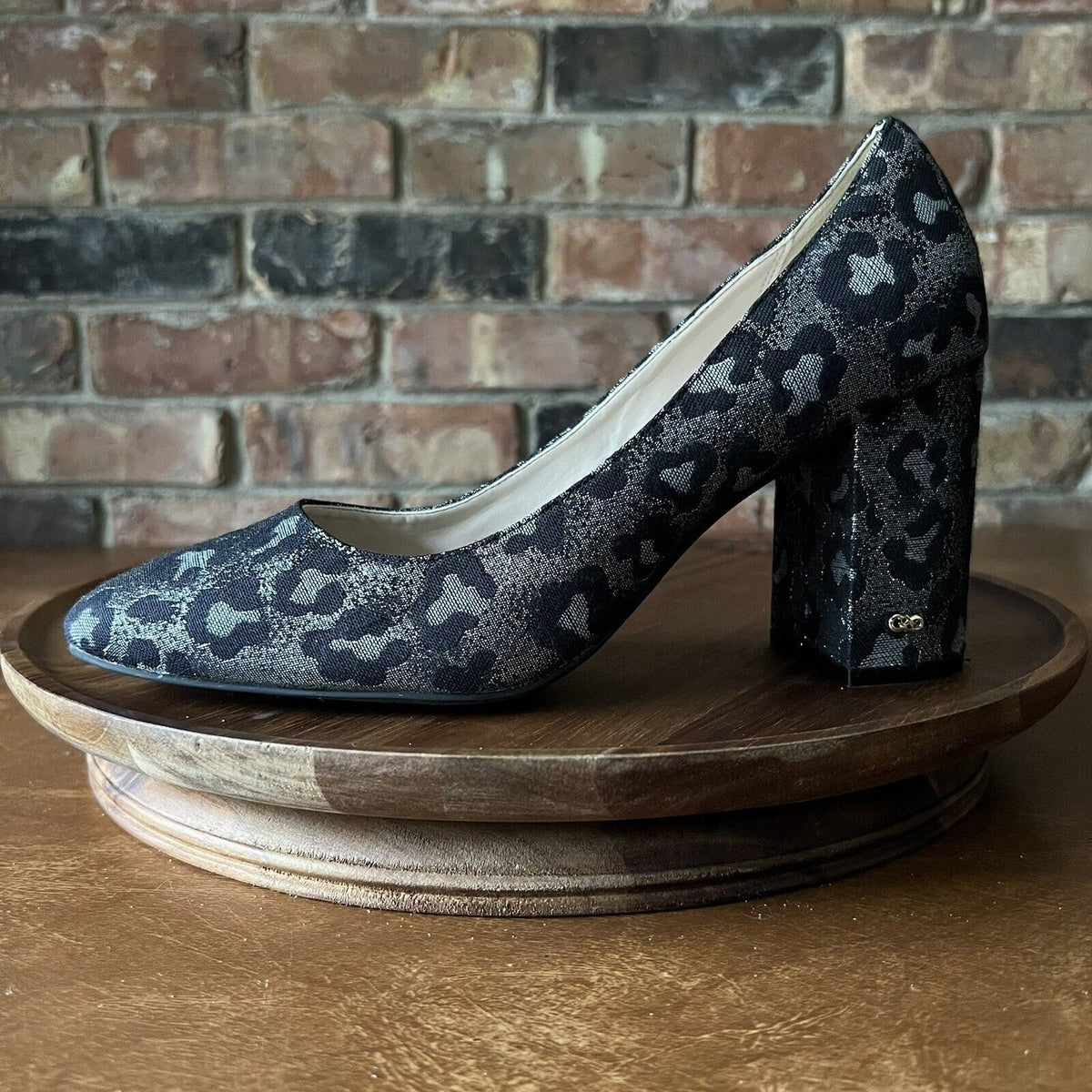 Cole Haan Alanna Brocade Pumps II Black Silver Leopard Block Heels Womens 9 B