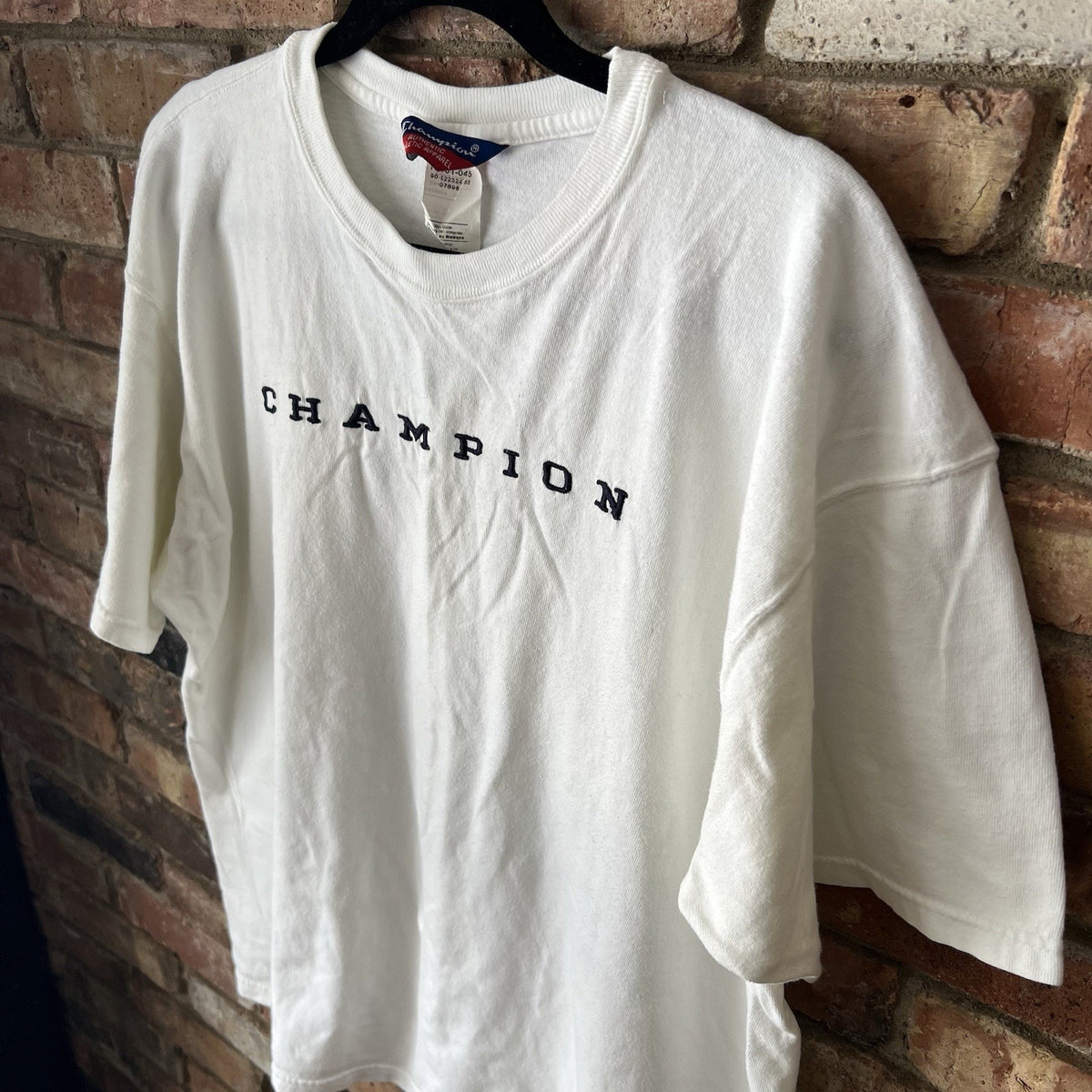 Vintage 90s XL Champion Spell Out White Blue Stitched BOXY Women's XL