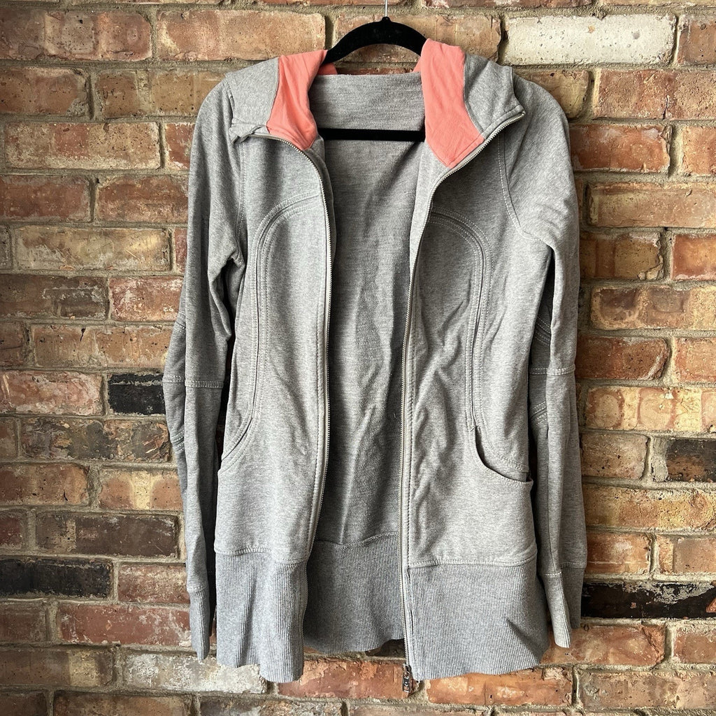 Lululemon Athletica Women's Scuba Gray Pink Hoodie Full Zip Hooded Jacket Size 8