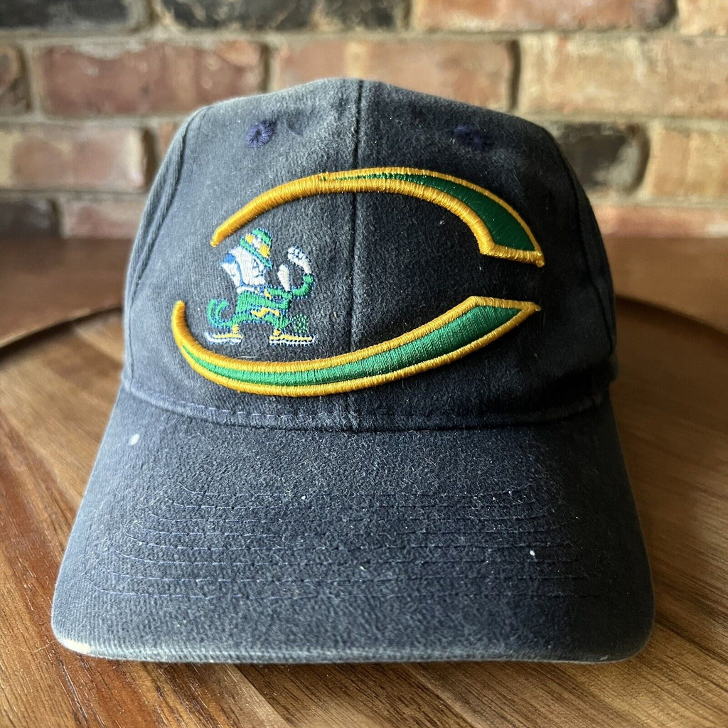 VINTAGE Thrashed Notre Dame Fighting Irish Hat Cap Strap Back Adult Blue