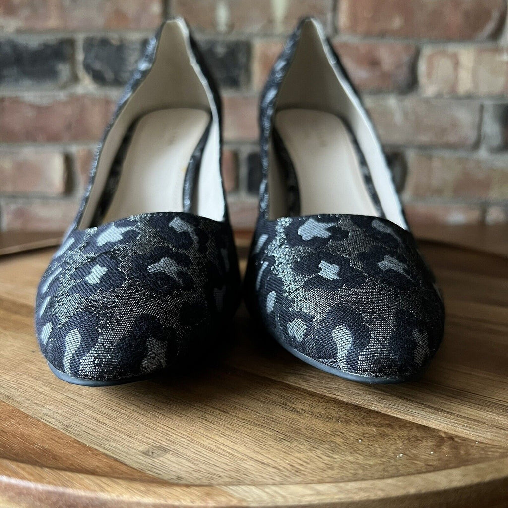 Cole Haan Alanna Brocade Pumps II Black Silver Leopard Block Heels Womens 9 B